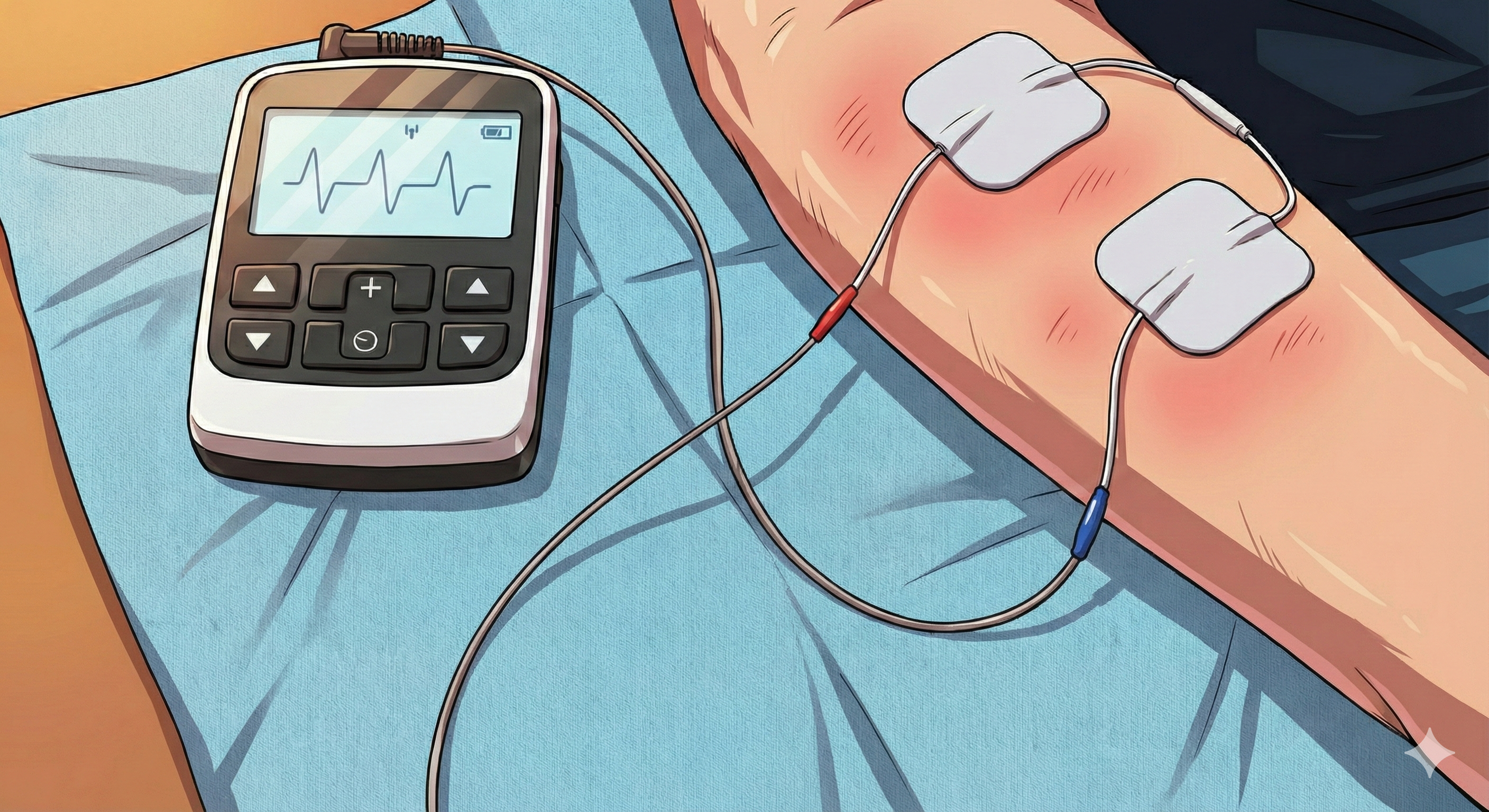 Illustration style anime d'un appareil TENS connecté à un bras