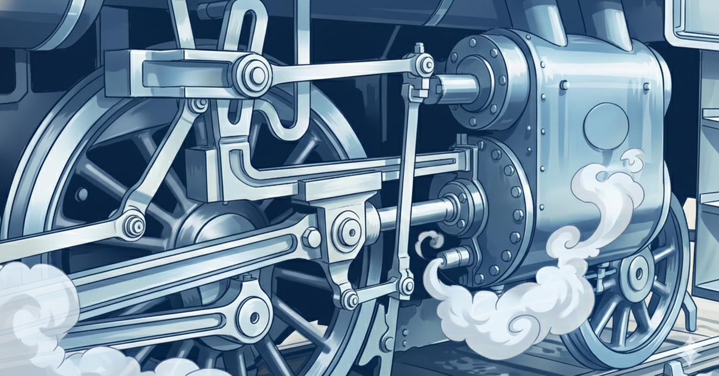 Illustration style anime d'un vérin et piston de locomotive avec de la vapeur